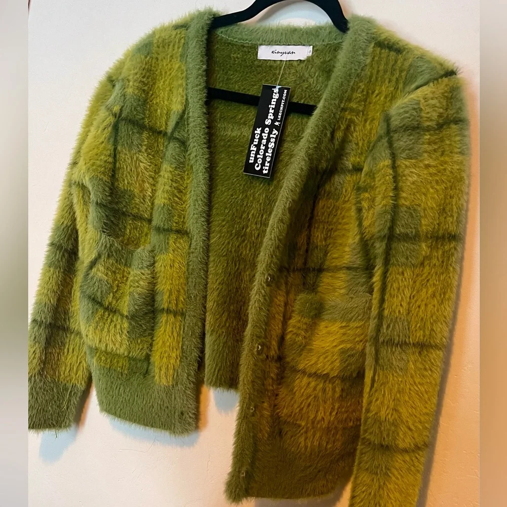 Moss green Fauxhair button down cardigan - Picture 2 of 8